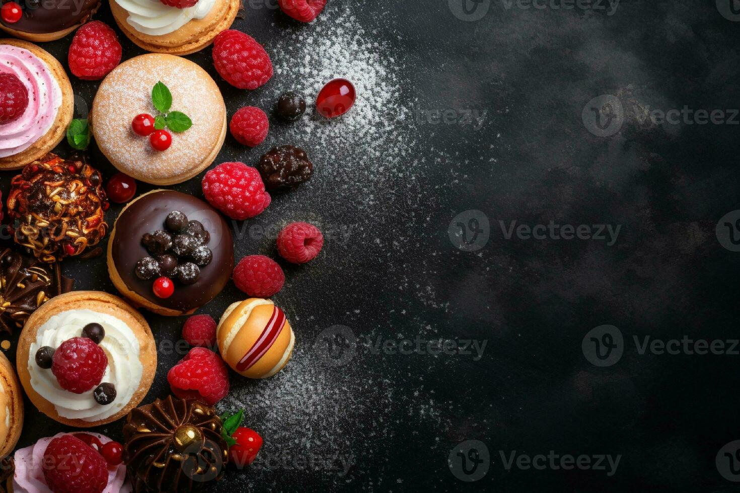 AI generated Composition with assorted pastries on wooden table. Food background. photo