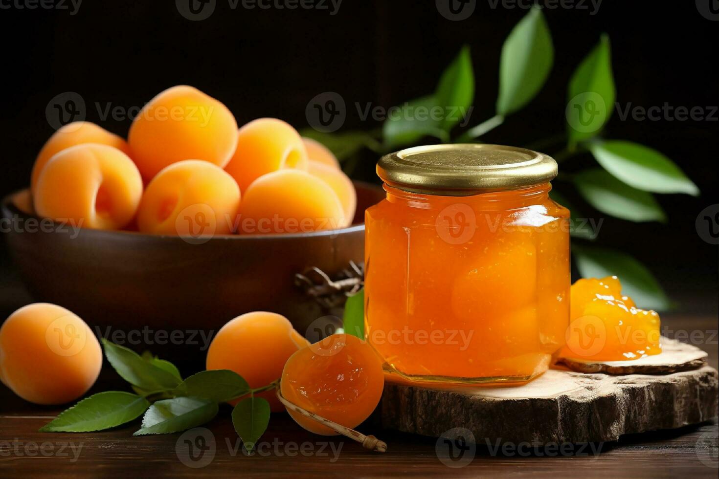 AI generated Apricot jam in a glass jar and fresh apricots on a wooden table photo