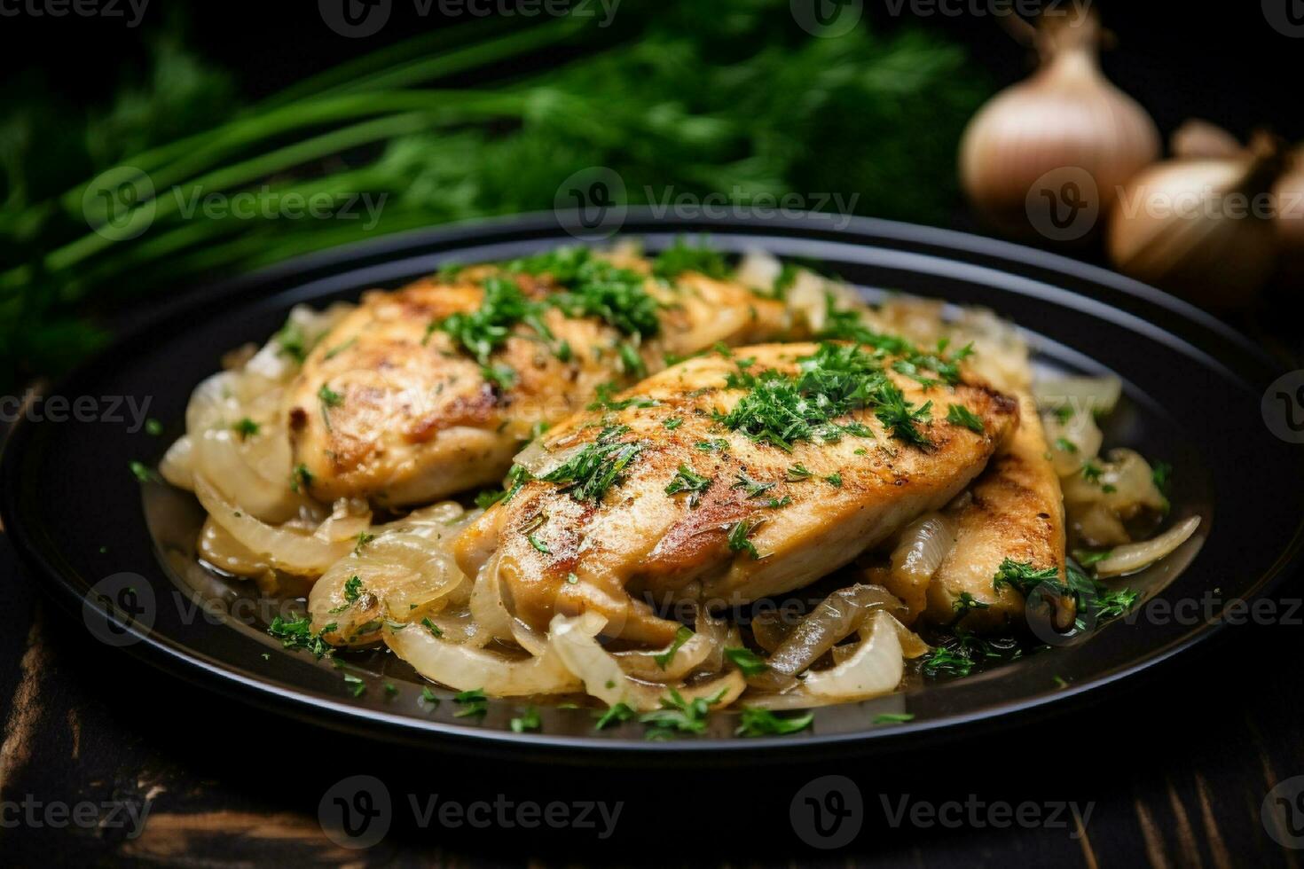 AI generated Grilled chicken breast with mushrooms and herbs on a black plate. photo