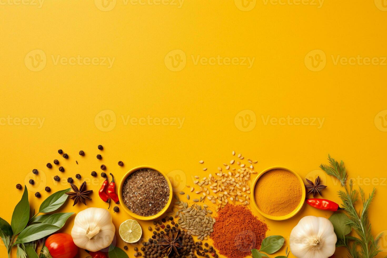 AI generated Spices and herbs on black background with copy space photo