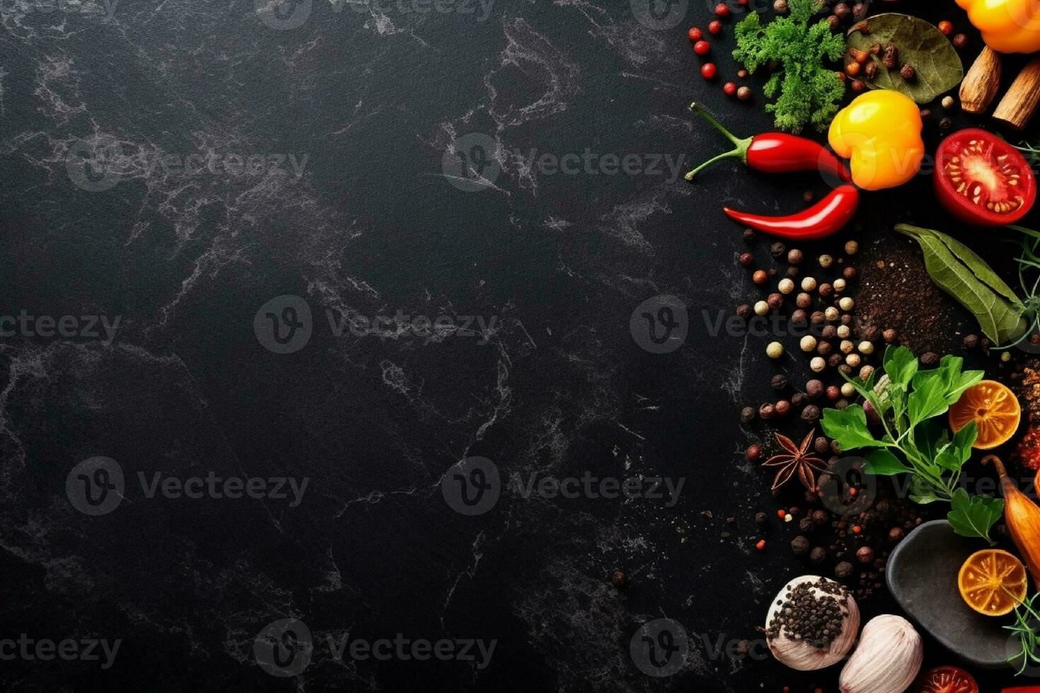 AI generated Spices and herbs on black background with copy space photo