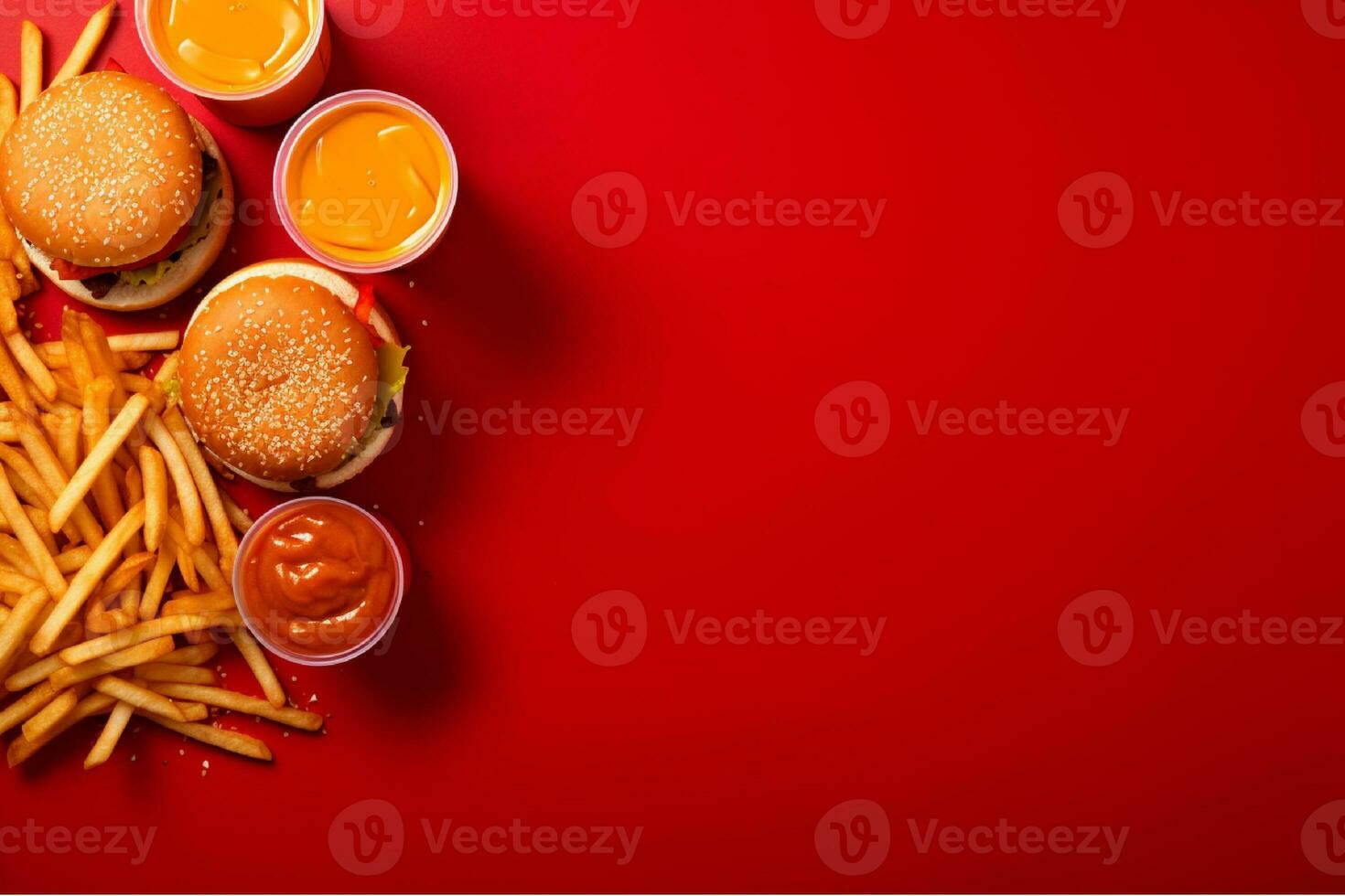AI generated Homemade hamburger with fresh vegetables and french fries on dark background photo