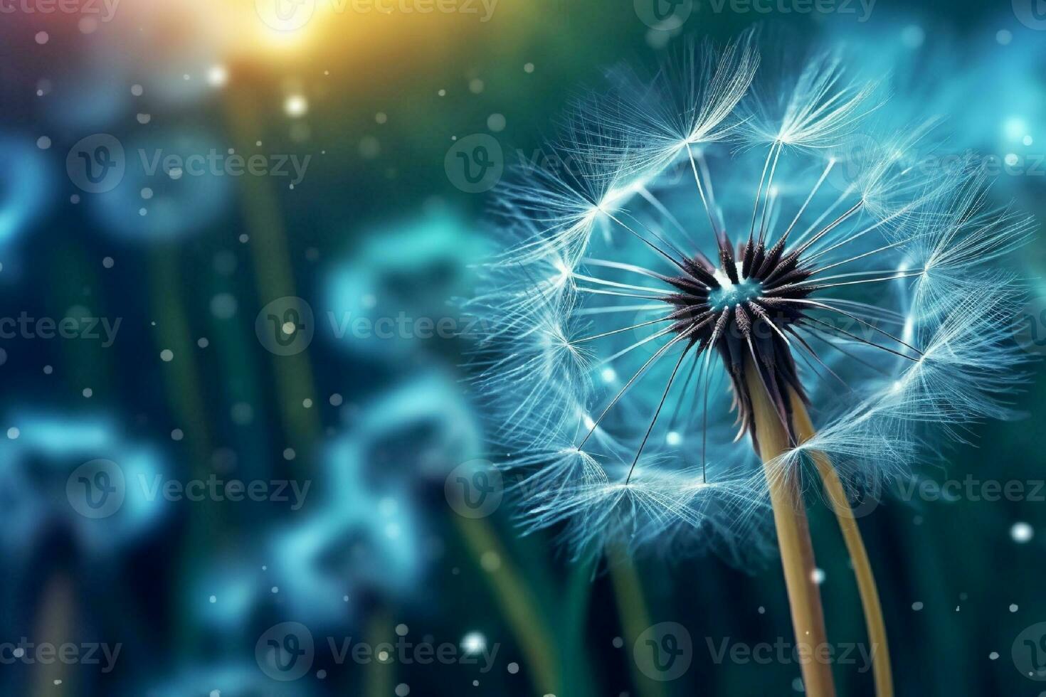 AI generated Dandelion seeds on bokeh background. 3d rendering photo