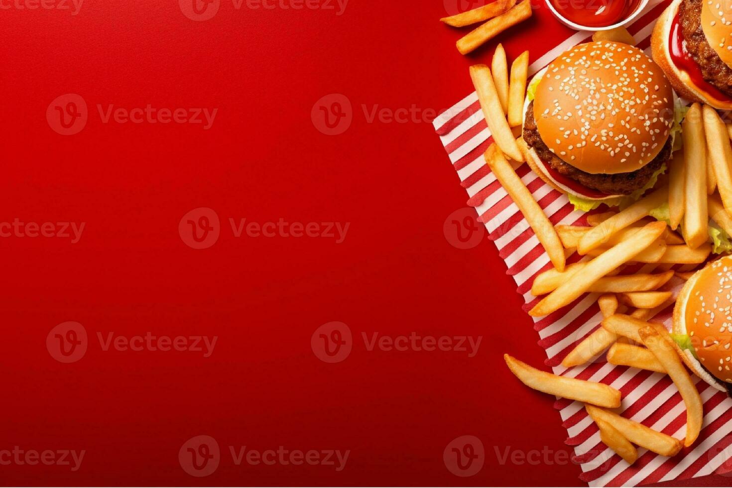AI generated Homemade hamburger with fresh vegetables and french fries on dark background photo