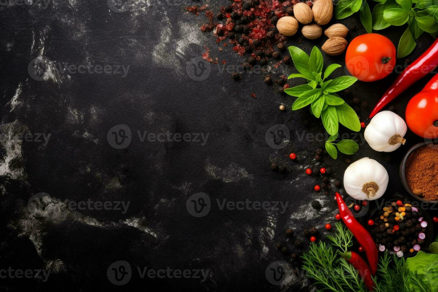 AI generated Spices and herbs on black background with copy space photo