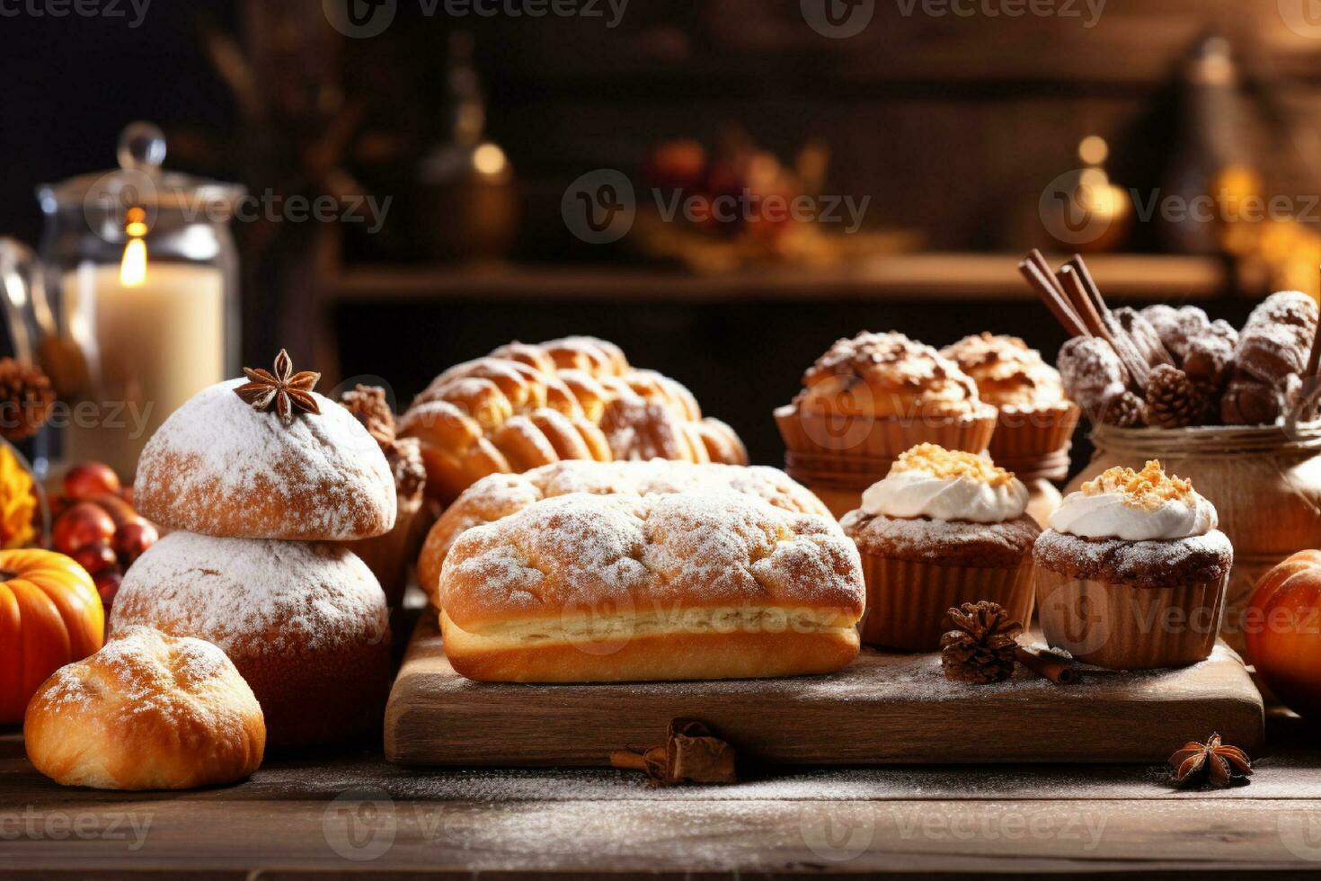 AI generated Composition with assorted pastries on wooden table. Food background. photo