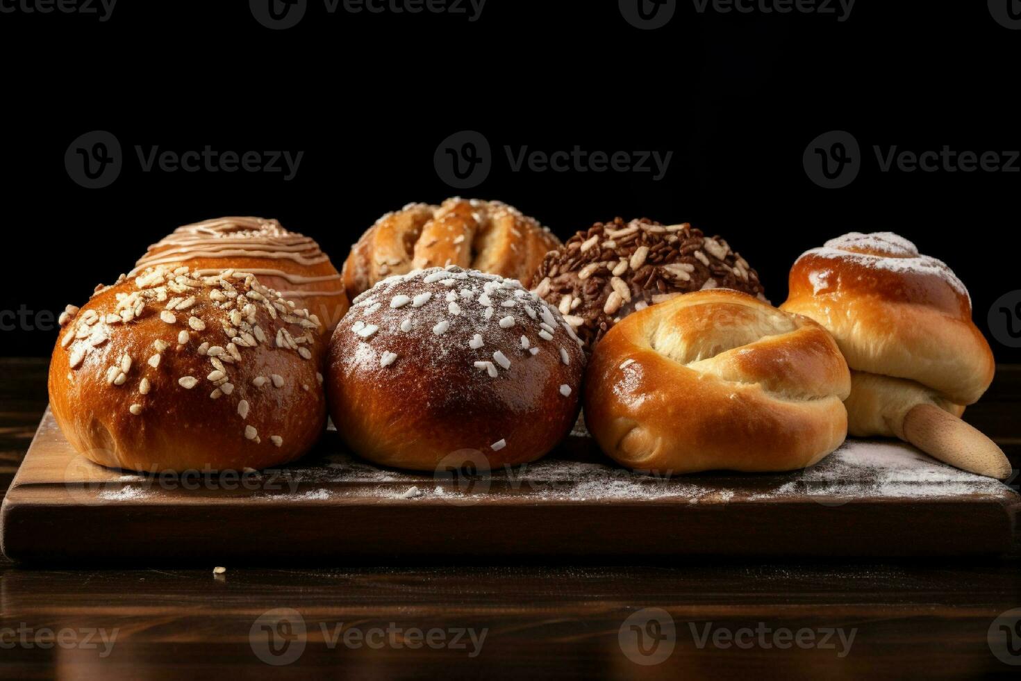 AI generated Composition with assorted pastries on wooden table. Food background. photo