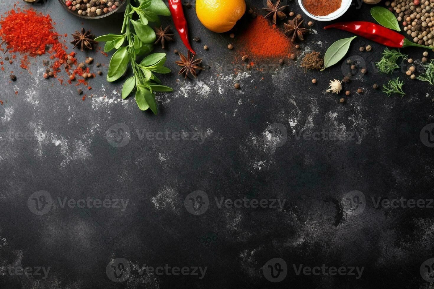 AI generated Spices and herbs on black background with copy space photo