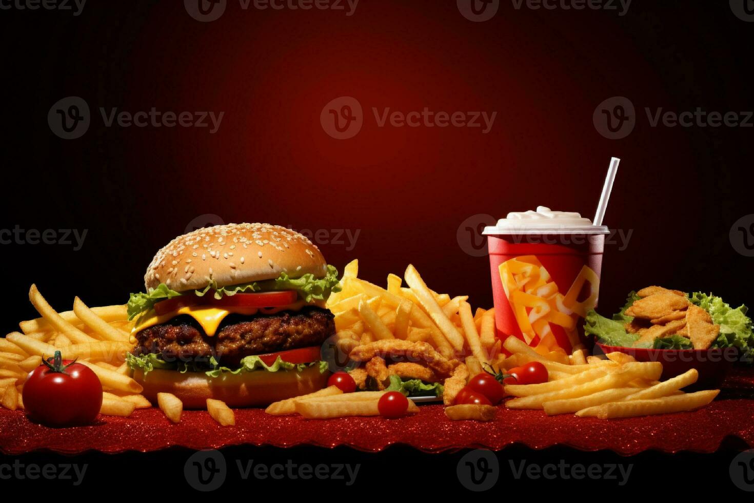 AI generated Homemade hamburger with fresh vegetables and french fries on dark background photo