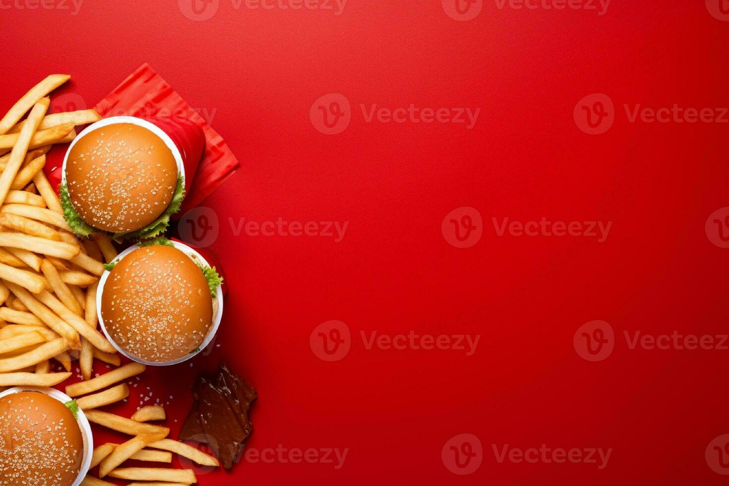 AI generated Homemade hamburger with fresh vegetables and french fries on dark background photo