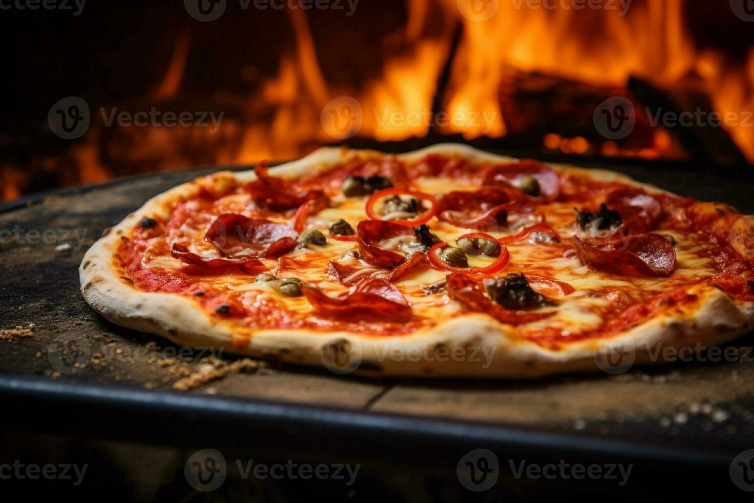 AI generated Hot pizza in the oven on a wooden board. Fire in the background photo