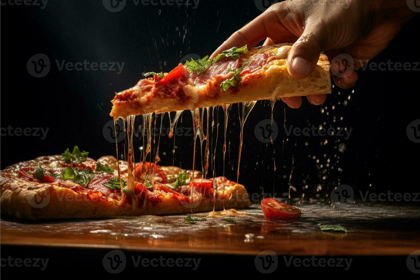 AI generated Hot pizza in the oven on a wooden board. Fire in the background photo
