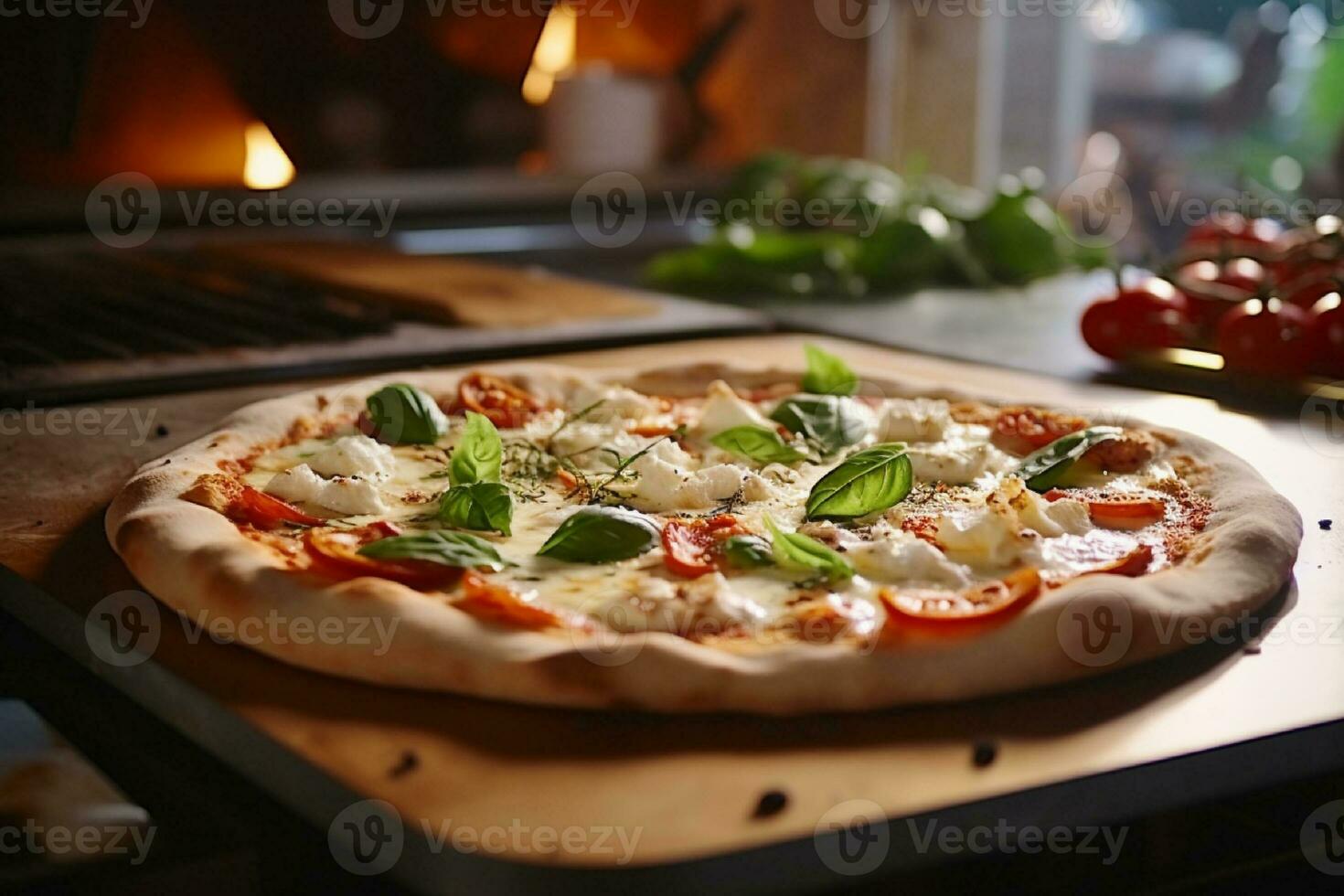 AI generated Hot pizza in the oven on a wooden board. Fire in the background photo