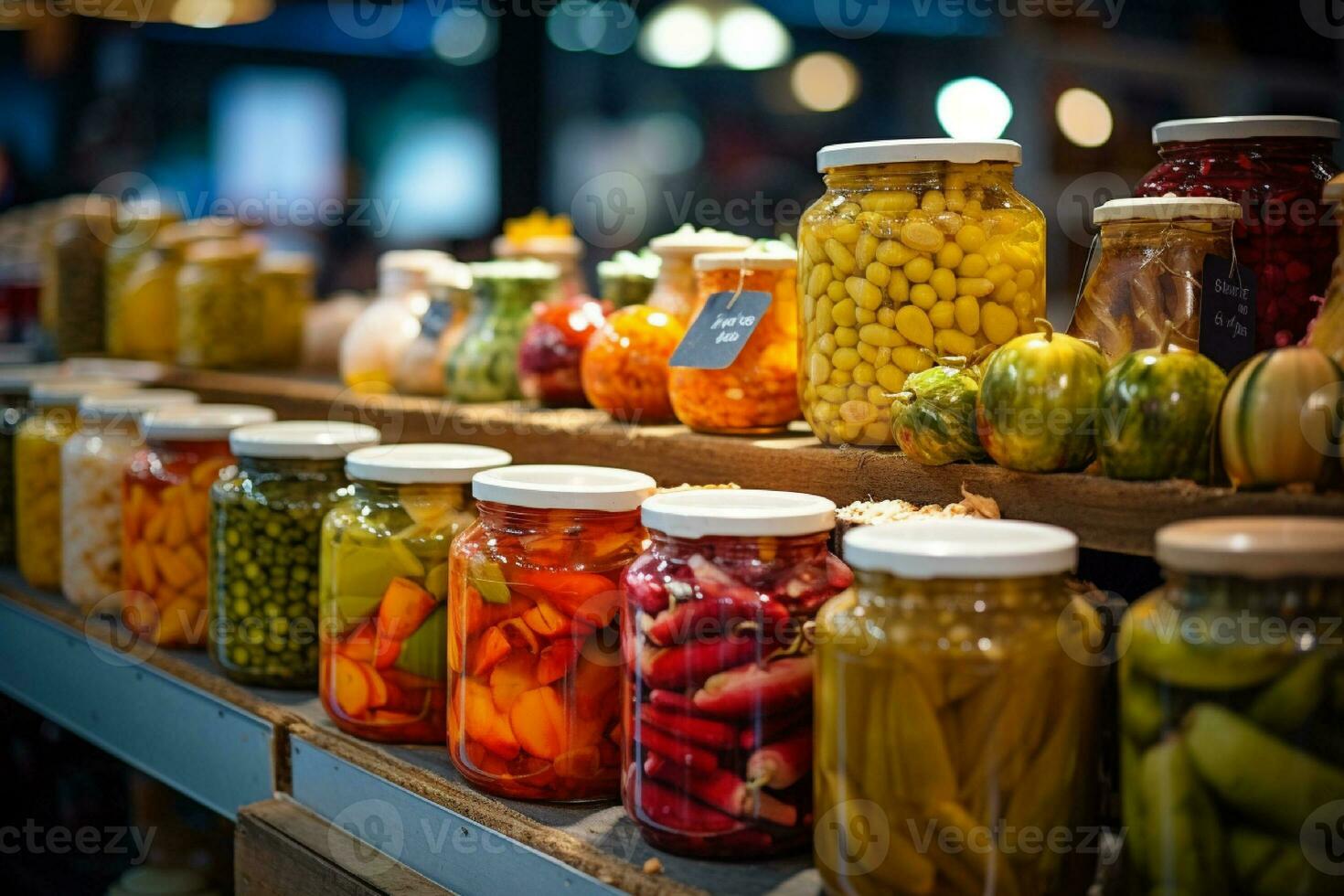 AI generated Glass jars with variety of pickled vegetables and fruits in the kitchen photo