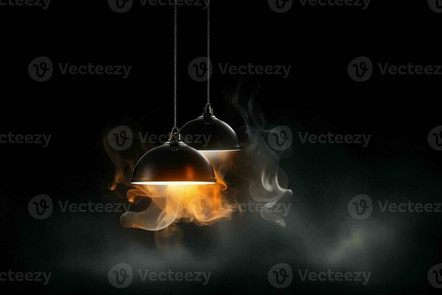 AI generated Black hanging lamps with smoke on dark background photo