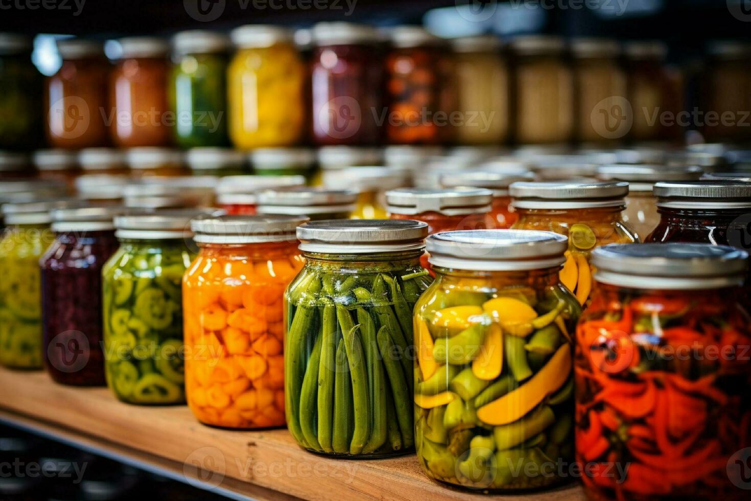 AI generated Glass jars with variety of pickled vegetables and fruits in the kitchen photo