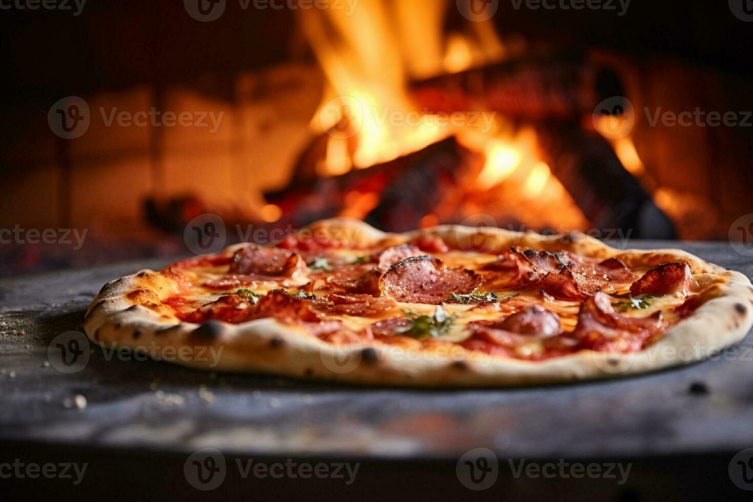 AI generated Hot pizza in the oven on a wooden board. Fire in the background photo