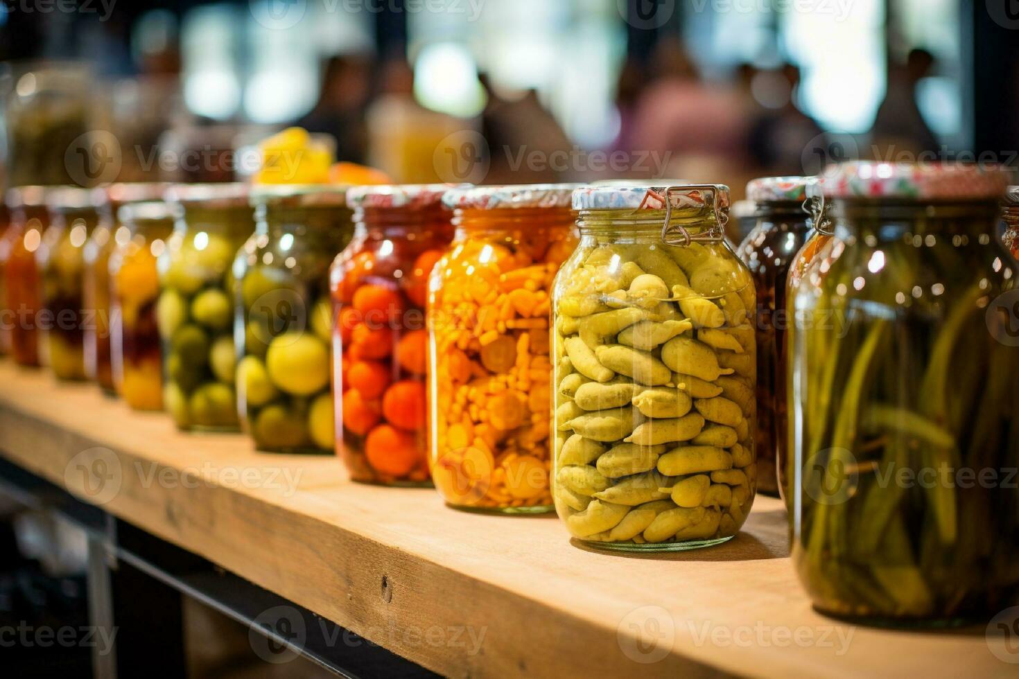 AI generated Glass jars with variety of pickled vegetables and fruits in the kitchen photo