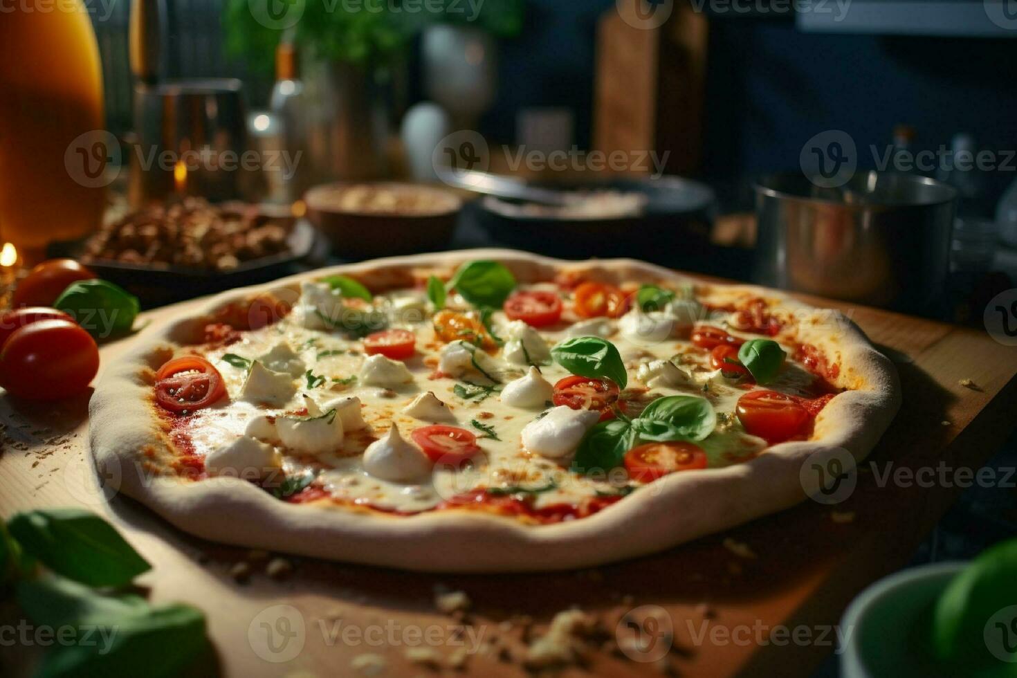 AI generated Hot pizza in the oven on a wooden board. Fire in the background photo