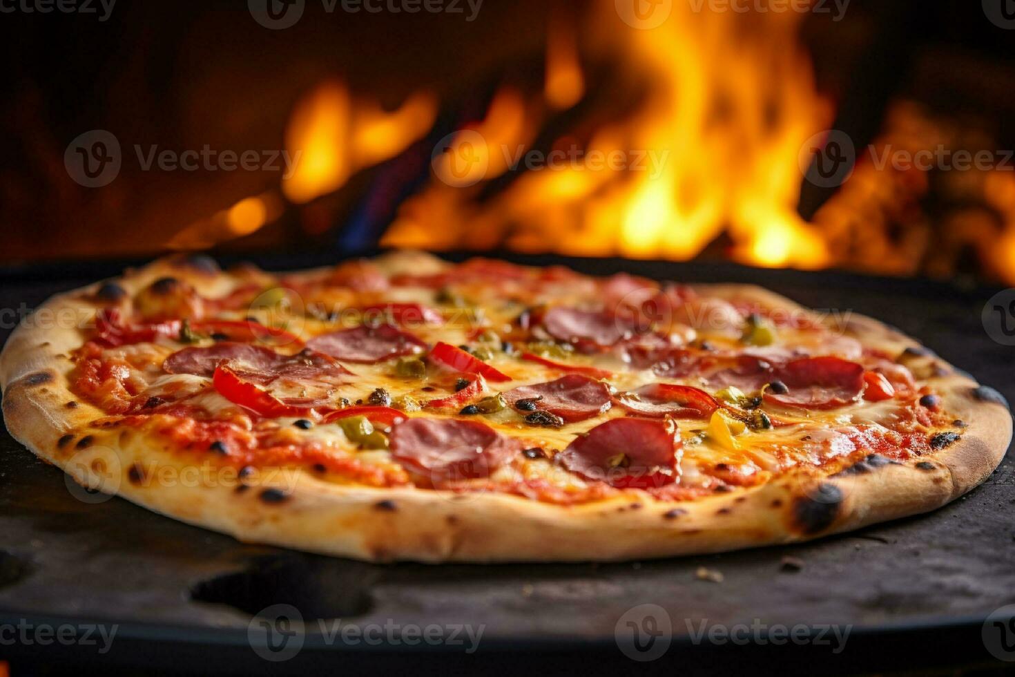 AI generated Hot pizza in the oven on a wooden board. Fire in the background photo