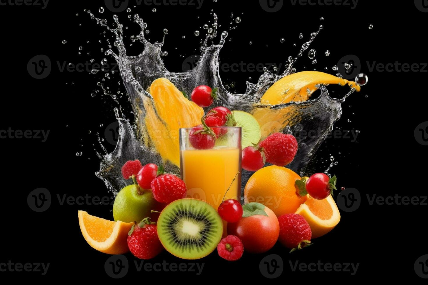 AI generated Fruit splashing into a glass of juice on a black background photo