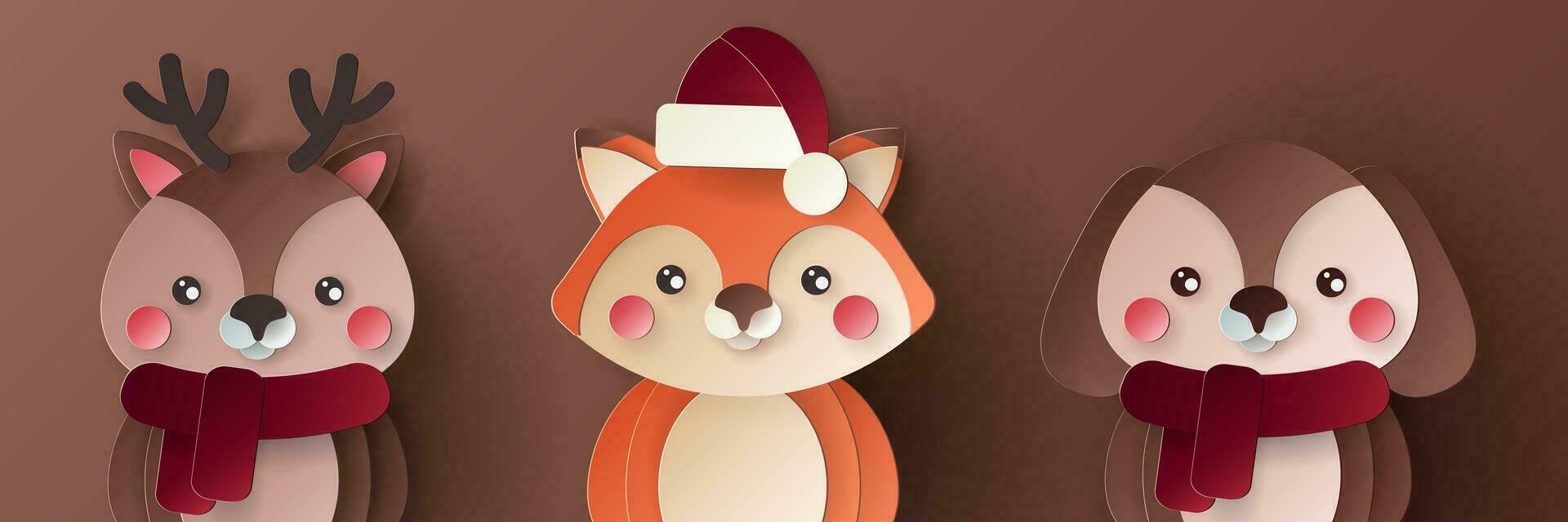 Vector cute christmas paper cut 3d animals with shadow on colored background. Winter cartoon animal design for presentation, banner, cover, web, flyer, card, sale, poster, slide and social media