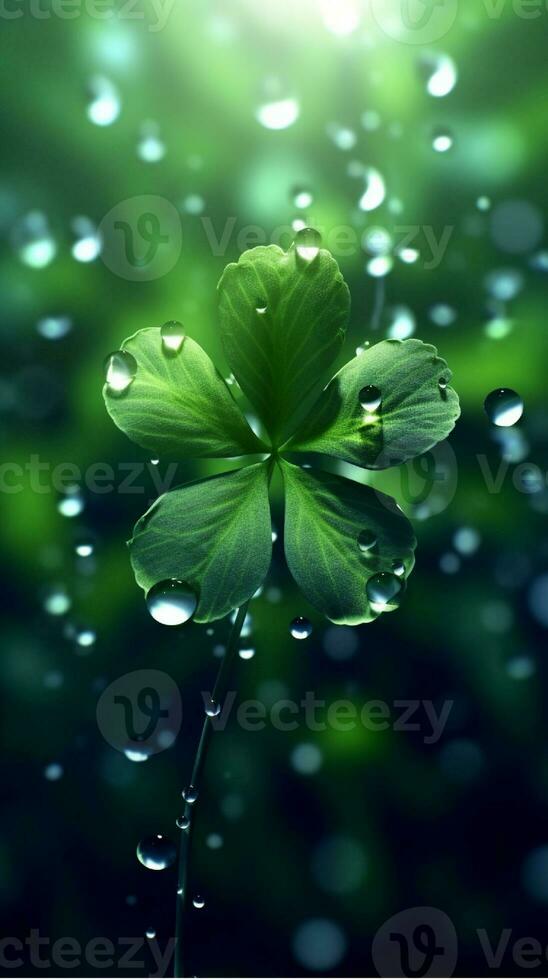 AI generated Green clover leaves with drops of water. St. Patrick's Day generated with AI photo