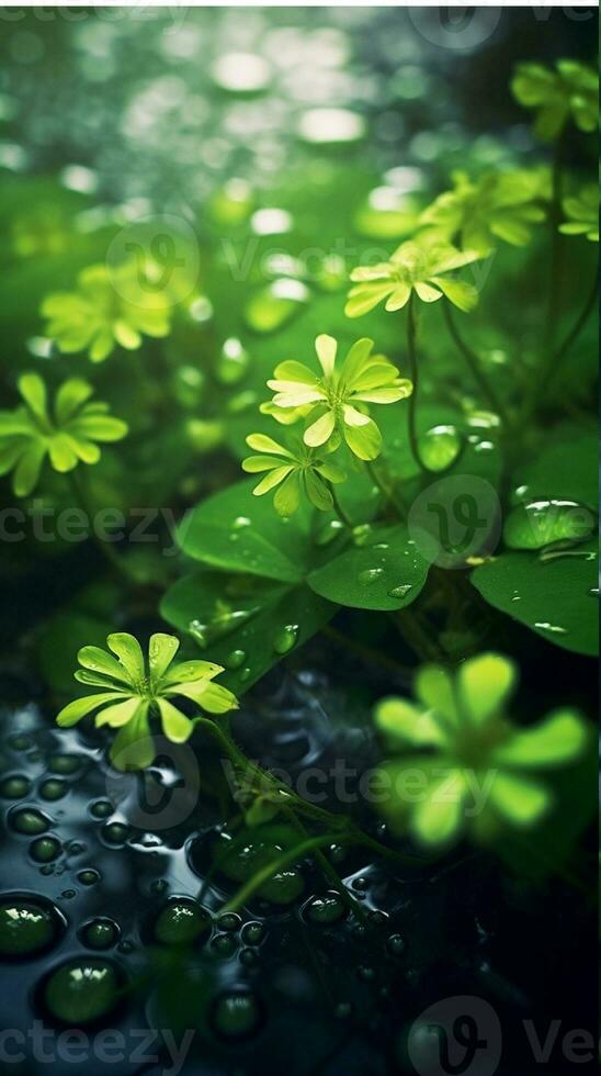 AI generated Green clover leaves with drops of water. St. Patrick's Day generated with AI photo