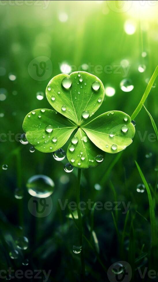 AI generated Green clover leaves with drops of water. St. Patrick's Day generated with AI photo