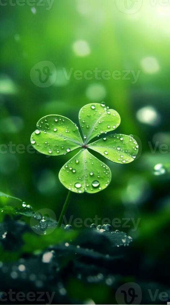 AI generated Green clover leaves with drops of water. St. Patrick's Day generated with AI photo