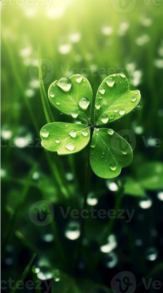 AI generated Green clover leaves with drops of water. St. Patrick's Day generated with AI photo