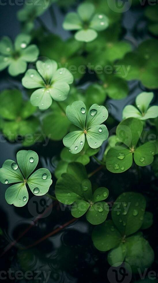 AI generated Green clover leaves with drops of water. St. Patrick's Day generated with AI photo