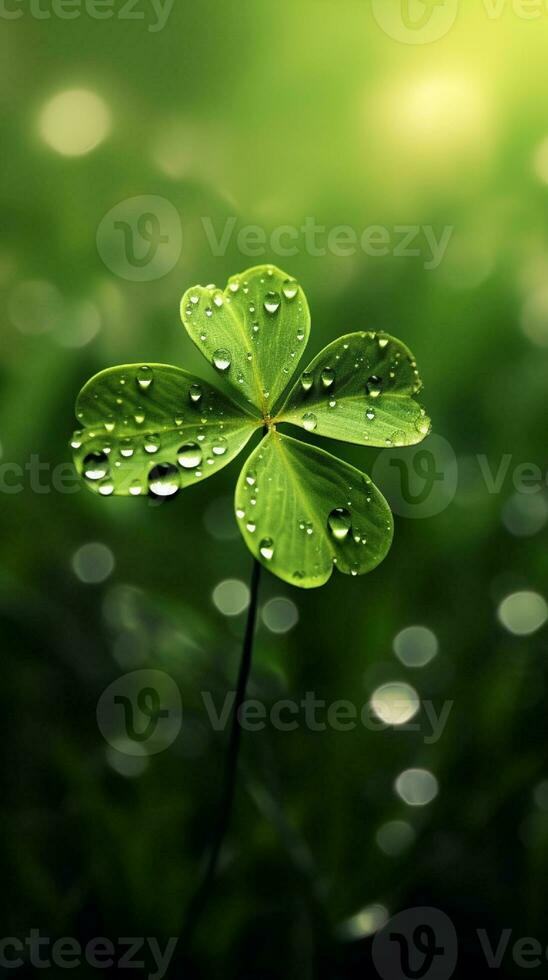 AI generated Green clover leaves with drops of water. St. Patrick's Day generated with AI photo