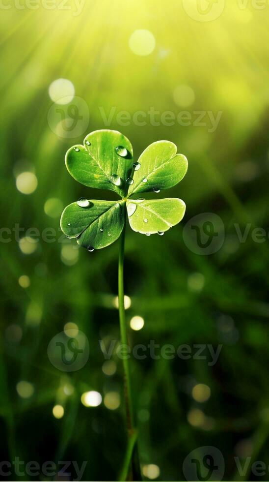 AI generated Green clover leaves with drops of water. St. Patrick's Day generated with AI photo