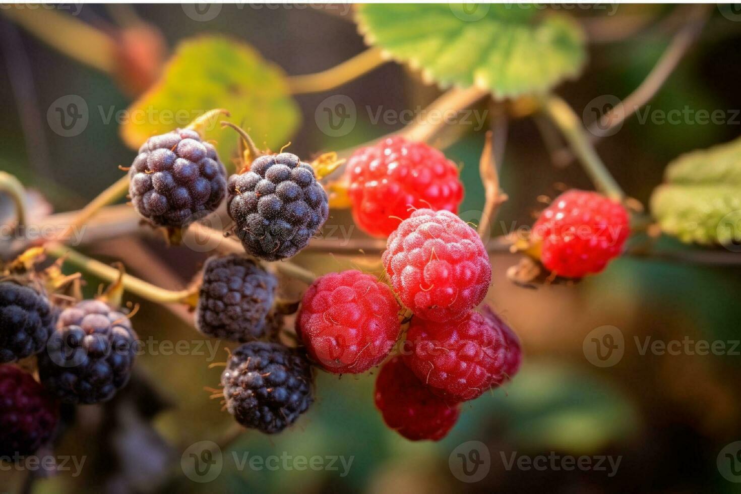 AI generated Colorful mix of fresh berries in bowls. Raspberries, blueberries, blackberries, raspberries generated with AI photo