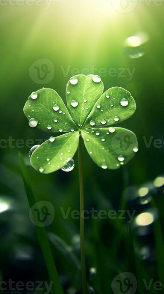 AI generated Green clover leaves with drops of water. St. Patrick's Day generated with AI photo