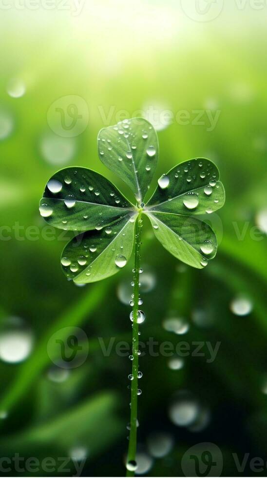 AI generated Green clover leaves with drops of water. St. Patrick's Day generated with AI photo