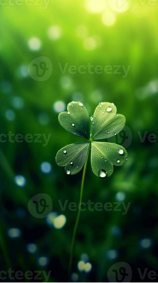 AI generated Green clover leaves with drops of water. St. Patrick's Day generated with AI photo