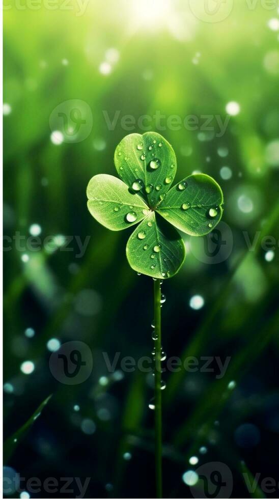 AI generated Green clover leaves with drops of water. St. Patrick's Day generated with AI photo