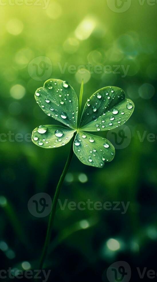 AI generated Green clover leaves with drops of water. St. Patrick's Day generated with AI photo