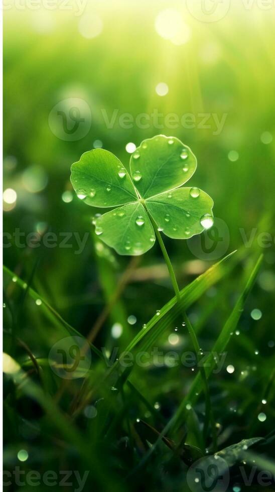 AI generated Green clover leaves with drops of water. St. Patrick's Day generated with AI photo