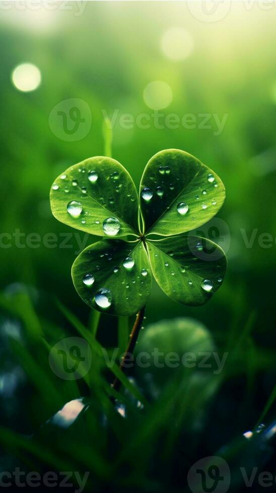 AI generated Green clover leaves with drops of water. St. Patrick's Day generated with AI photo