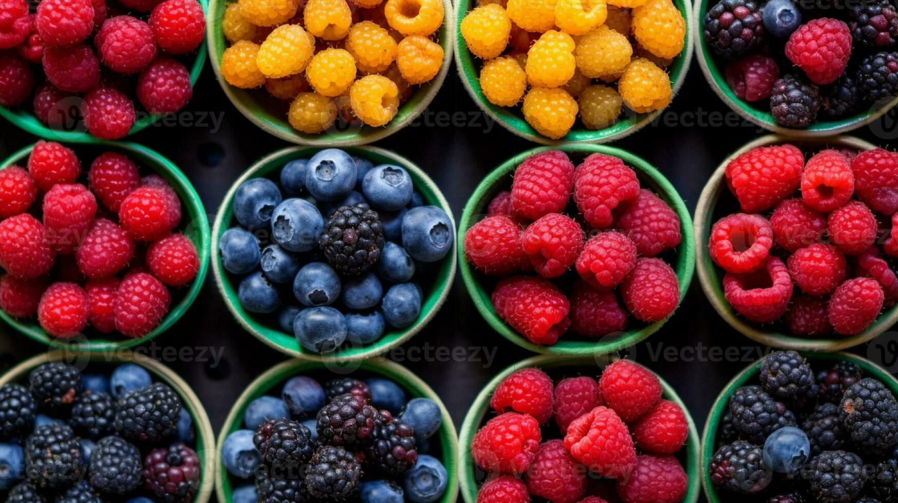 AI generated Colorful mix of fresh berries in bowls. Raspberries, blueberries, blackberries, raspberries generated with AI photo