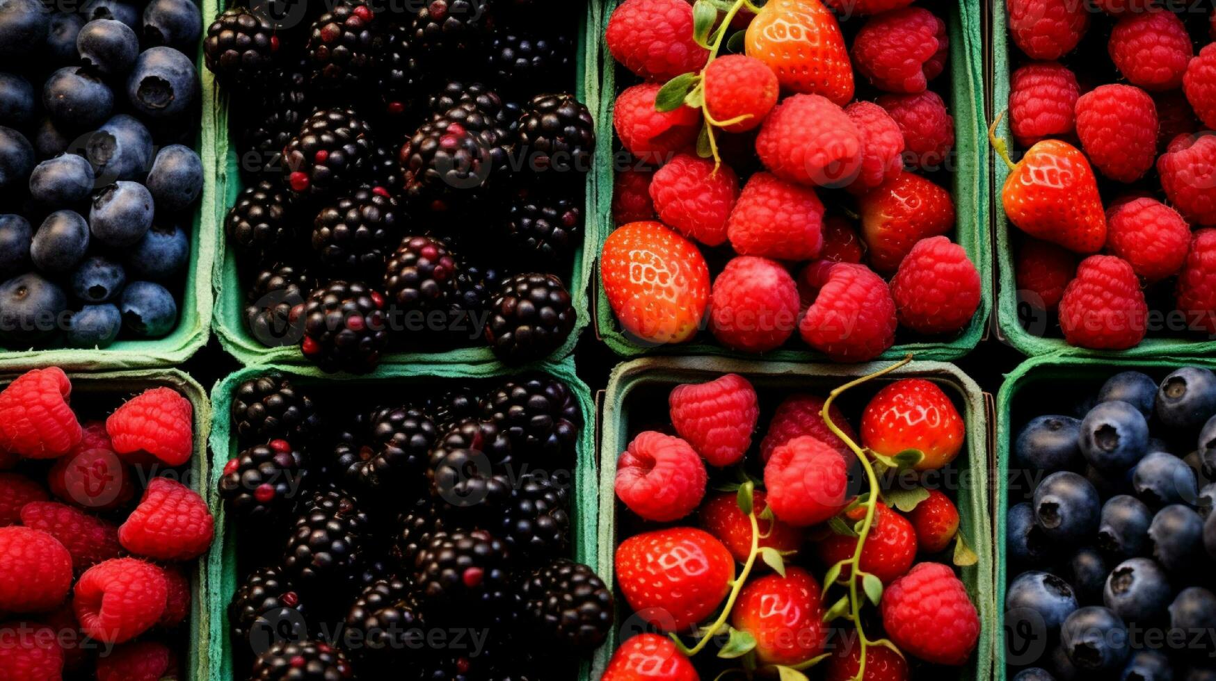 AI generated Colorful mix of fresh berries in bowls. Raspberries, blueberries, blackberries, raspberries generated with AI photo