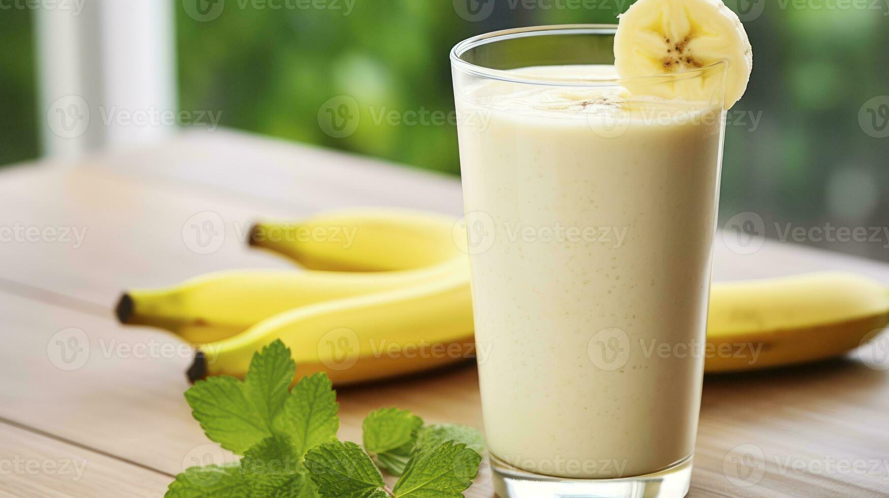 AI generated Savoring the Taste of a Fresh Banana Smoothie on a Rustic Wooden Table photo