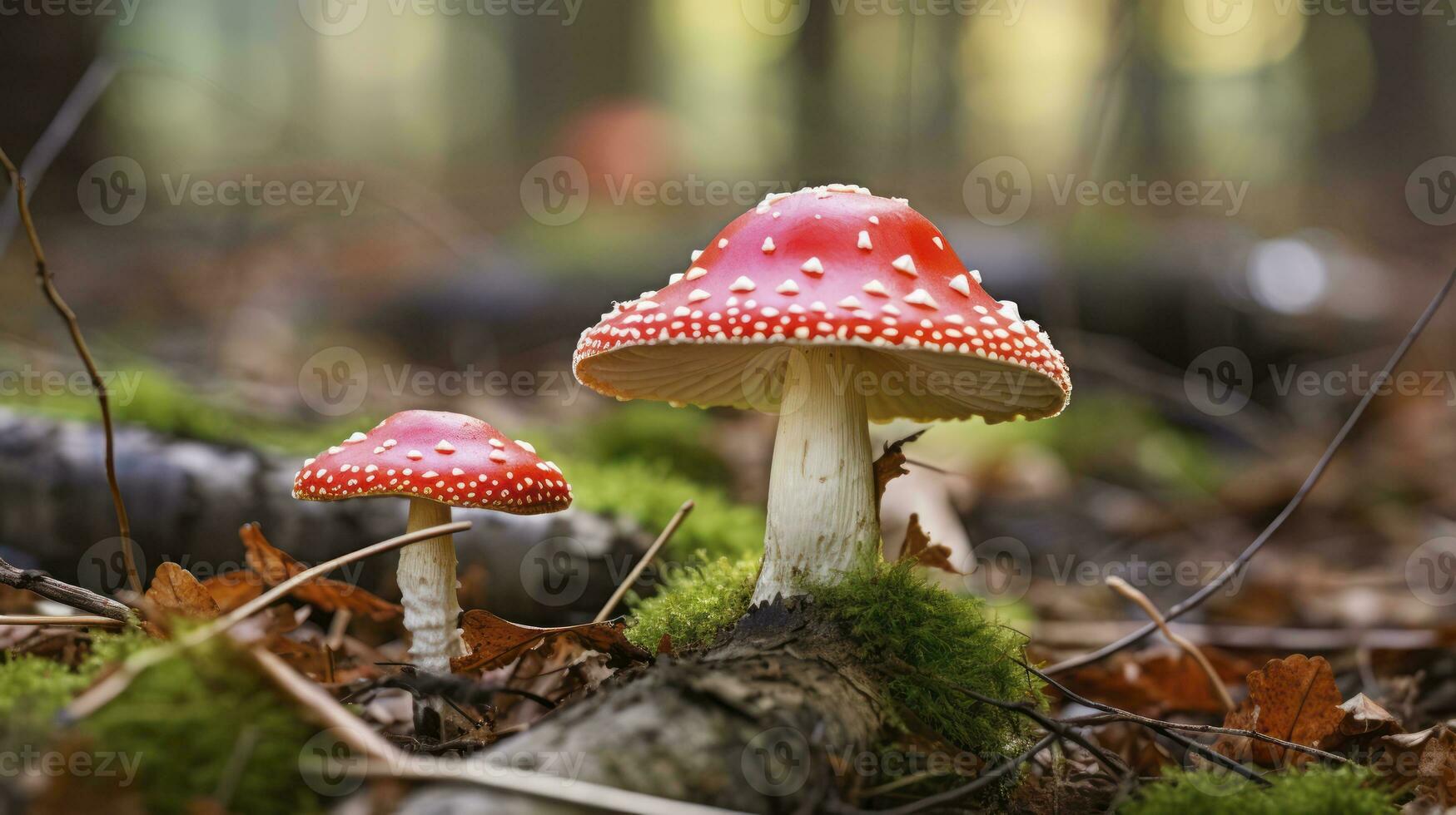 ai generado un venenoso seta en un bosque. amanita muscaria tóxico y alucinógeno seta mosca agárico foto