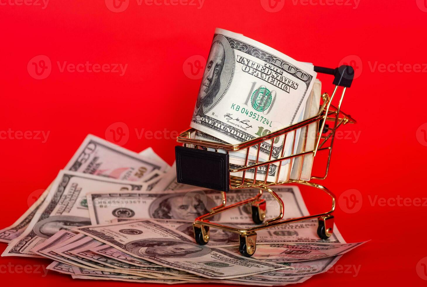 Dollars in a shopping cart model. Financial and banking concept. American currency, money. photo