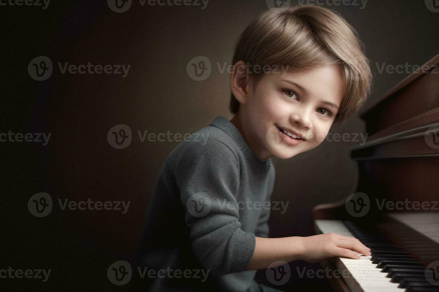 ai generado alegre melodías talentoso 5 años de edad pianista en acción foto