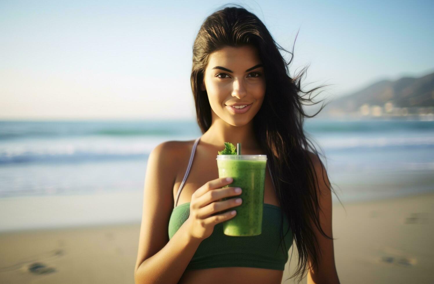 AI generated woman holding green smoothie on beach photo