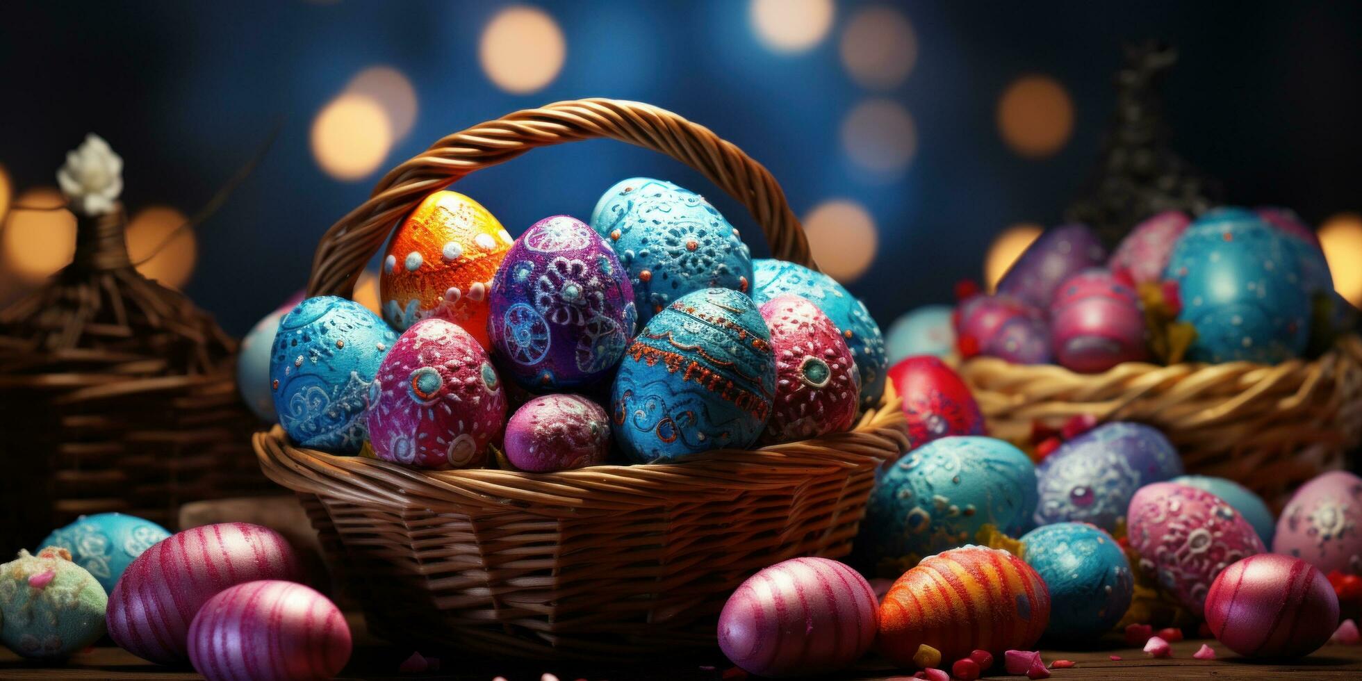 AI generated wicker basket full of colorful easter eggs on a sunny day photo